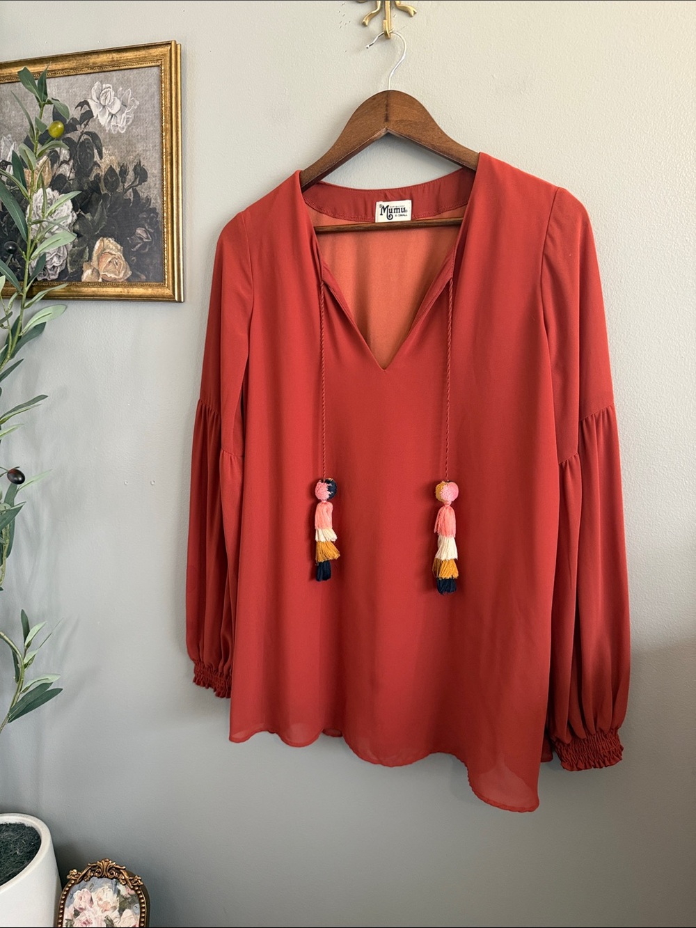 Show Me Your Mumu Rust Boho Tassel Tie Blouse XS Bell Sleeve - Picture 5 of 7